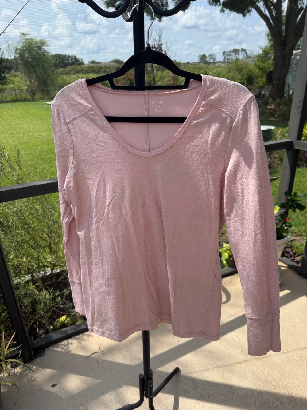 a.n.a Light Pink Long Sleeve Scoop Neck Tee with metallic silver accents